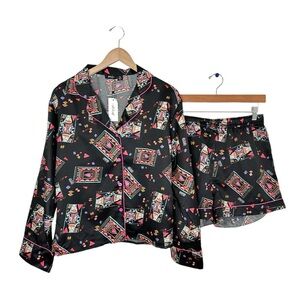 Nasty Gal Womens Queen of Hearts Satin Pajama Short Set Sz 4/6 Black Multi NWT